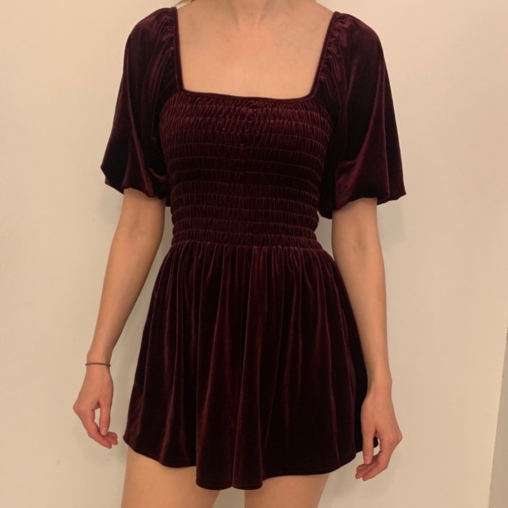 Urban Outfitters Burgundy Smocked Velvet Romper